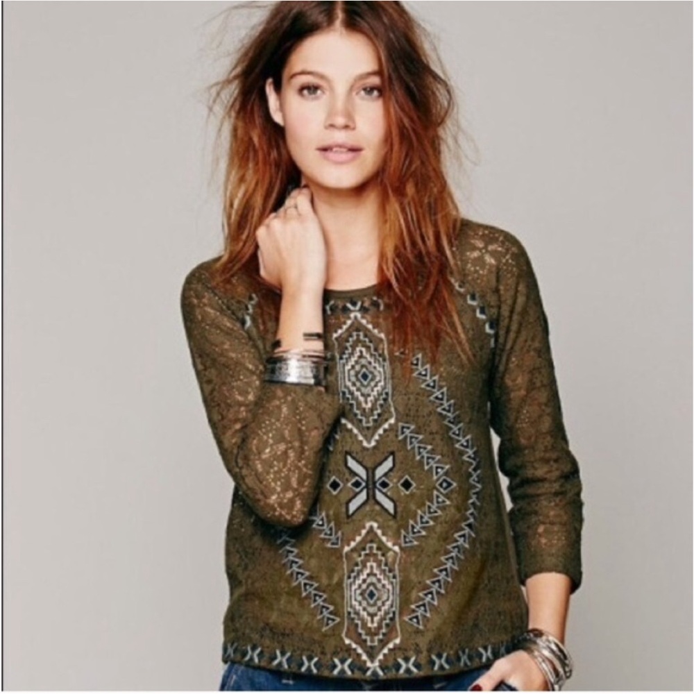 Free People Olive Lace Blouse with Geometric Pattern